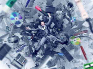 Afraid businessman is falling into office chaos abyss